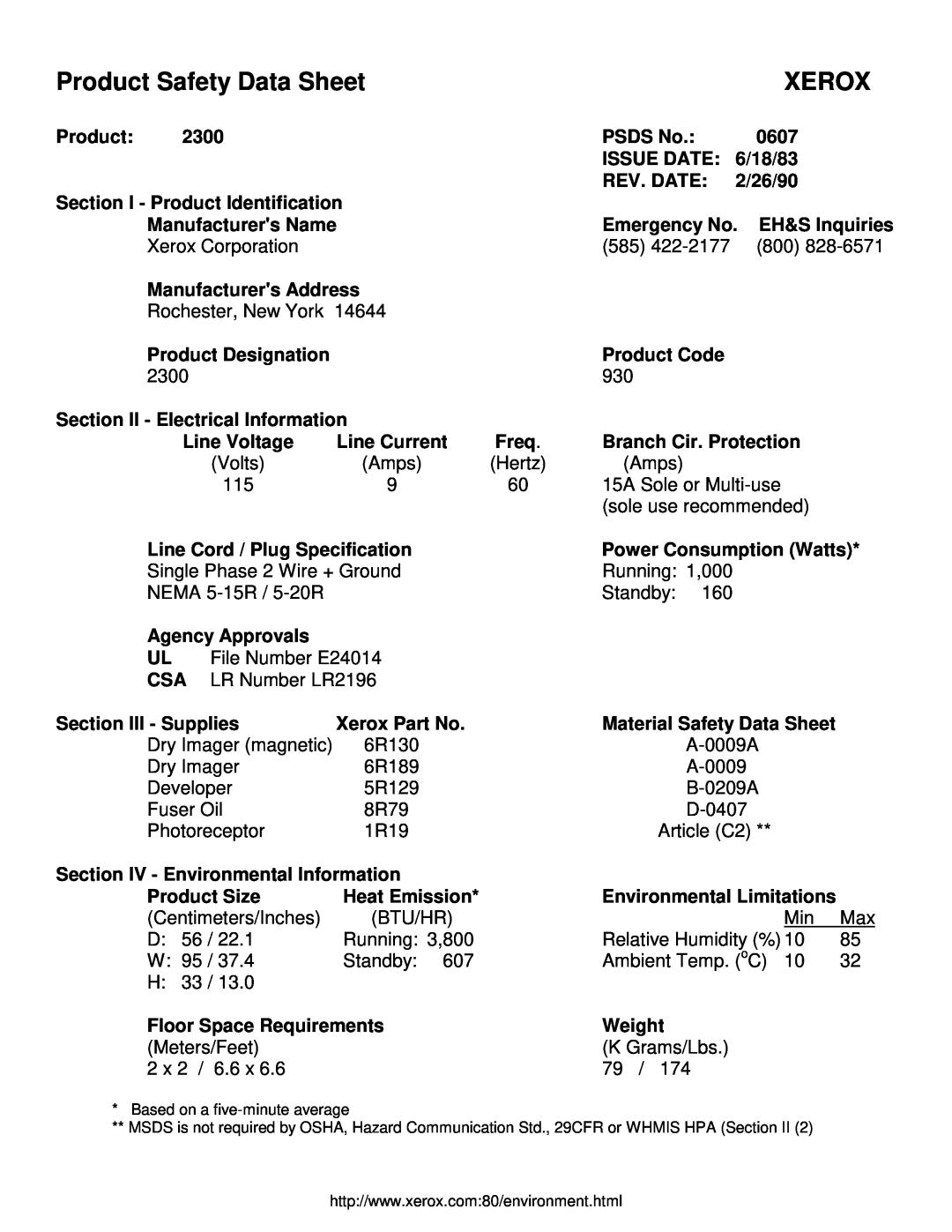 Xerox 2300 manual Product Safety Data Sheet, Xerox 