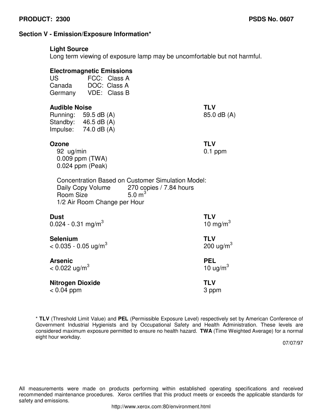 Xerox 2300 manual Product, Tlv, Pel 