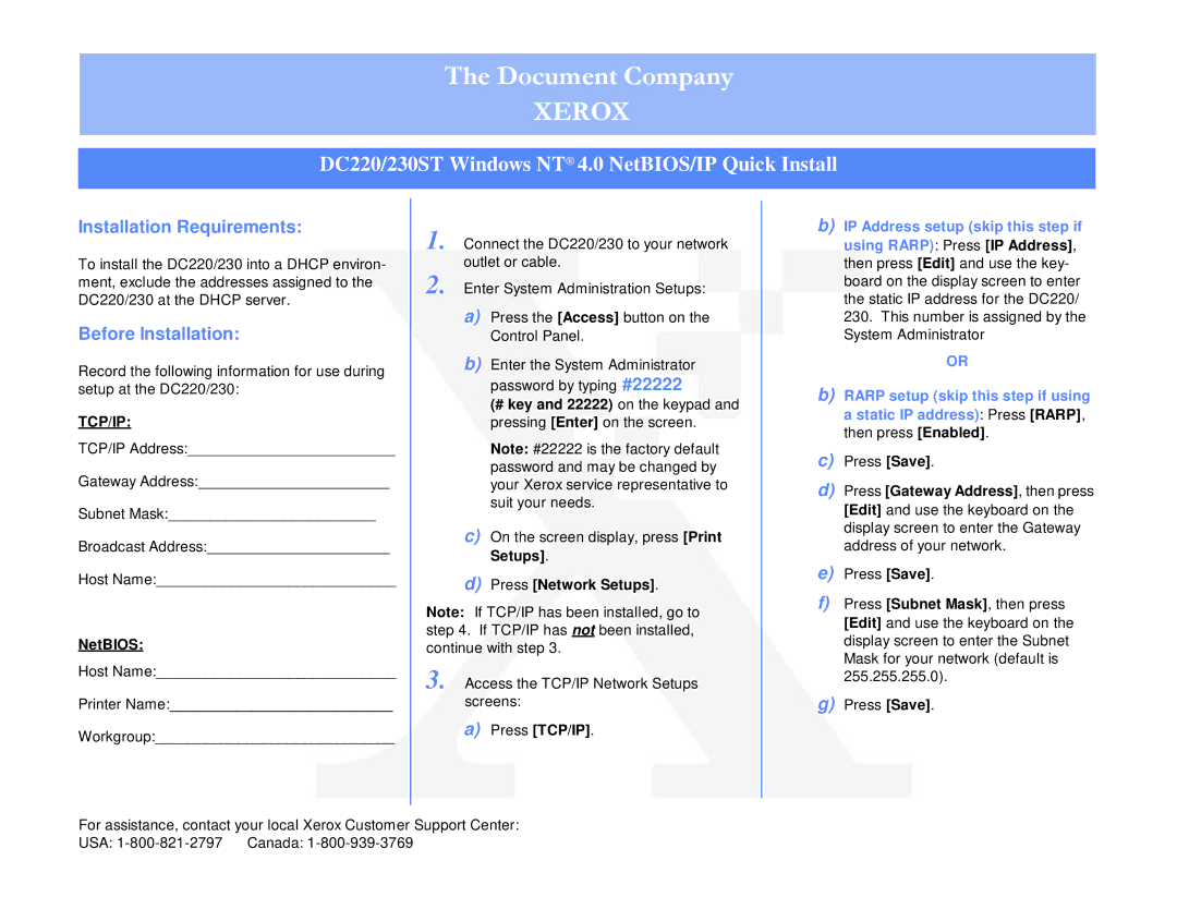 Xerox manual Xerox, DC220/230ST Windows NT 4.0 NetBIOS/IP Quick Install, Installation Requirements, Before Installation 