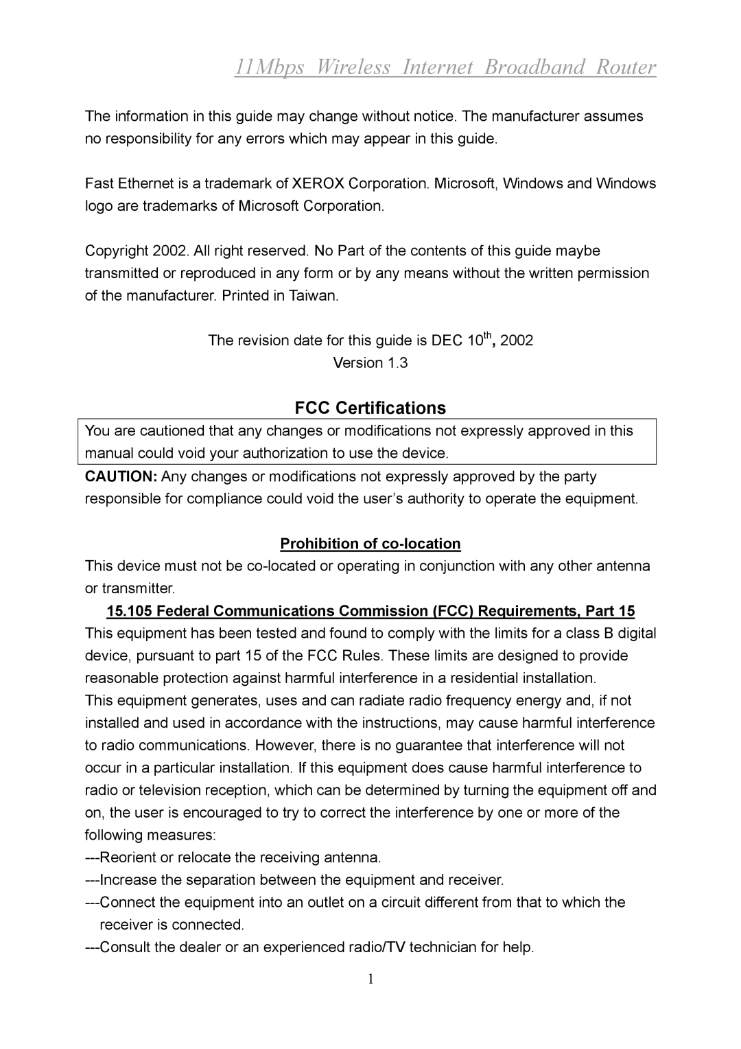 Xerox 2314 manual FCC Certifications, Prohibition of co-location, Federal Communications Commission FCC Requirements, Part 