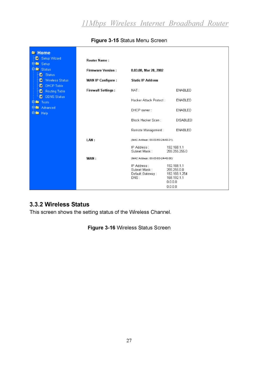 Xerox 2314 manual Wireless Status, 15Status Menu Screen 