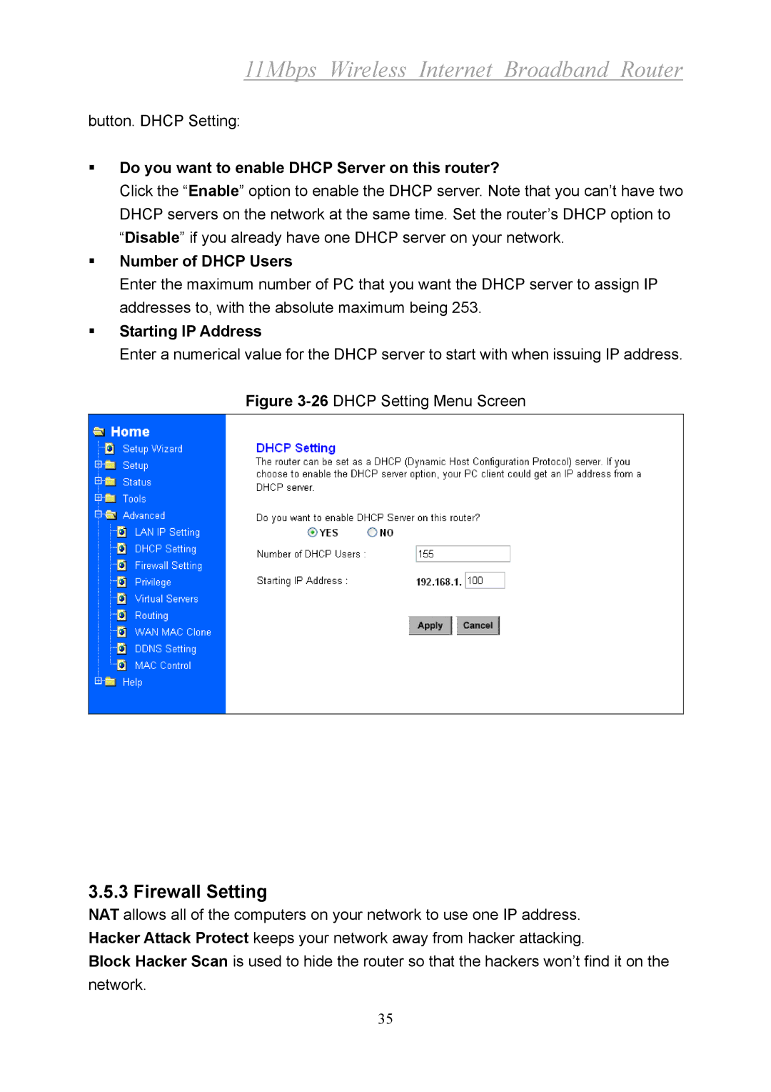 Xerox 2314 Firewall Setting, Do you want to enable Dhcp Server on this router?, Number of Dhcp Users, Starting IP Address 