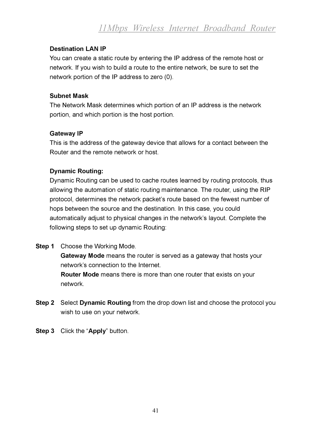 Xerox 2314 manual Destination LAN IP, Subnet Mask, Gateway IP, Dynamic Routing 