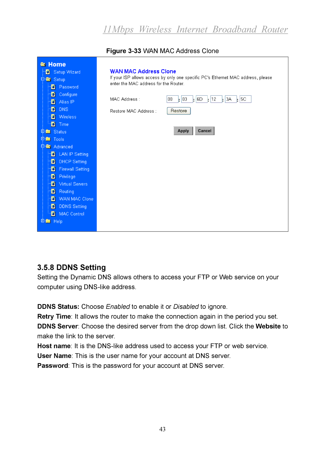 Xerox 2314 manual Ddns Setting, 33WAN MAC Address Clone 