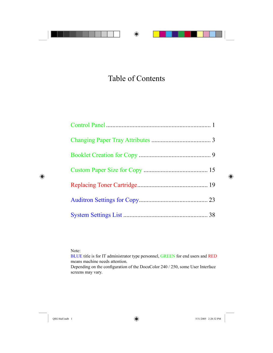 Xerox 240, 250 quick start Table of Contents 