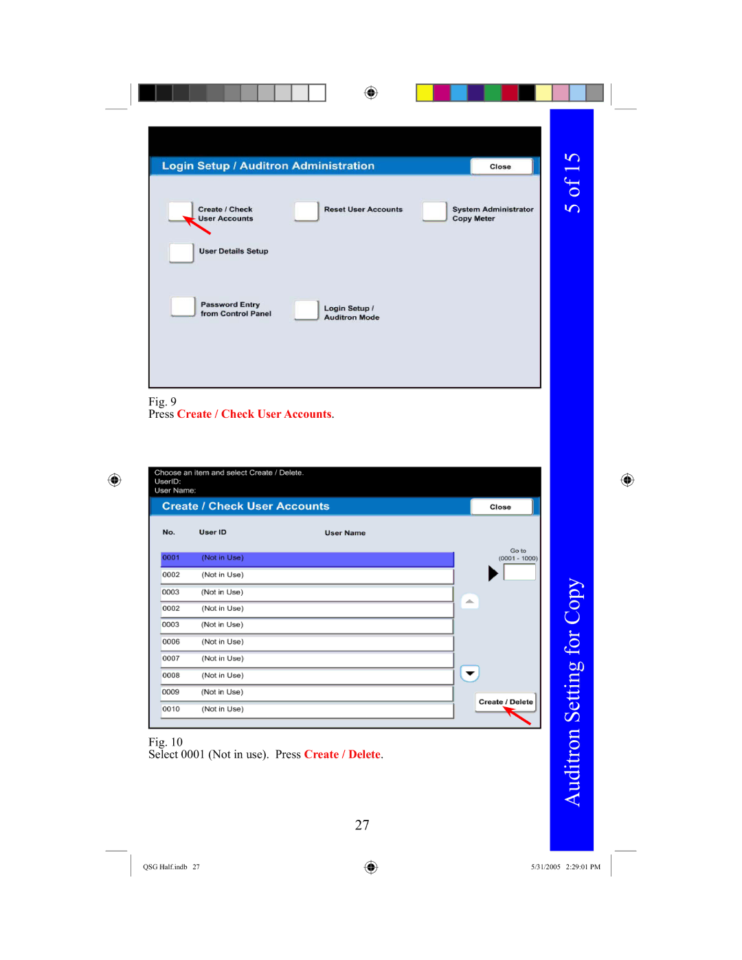 Xerox 250, 240 quick start Press Create / Check User Accounts 