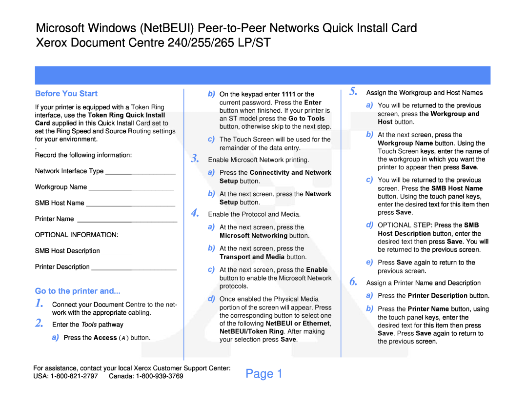 Xerox 255 manual Page, Before You Start, Go to the printer and 