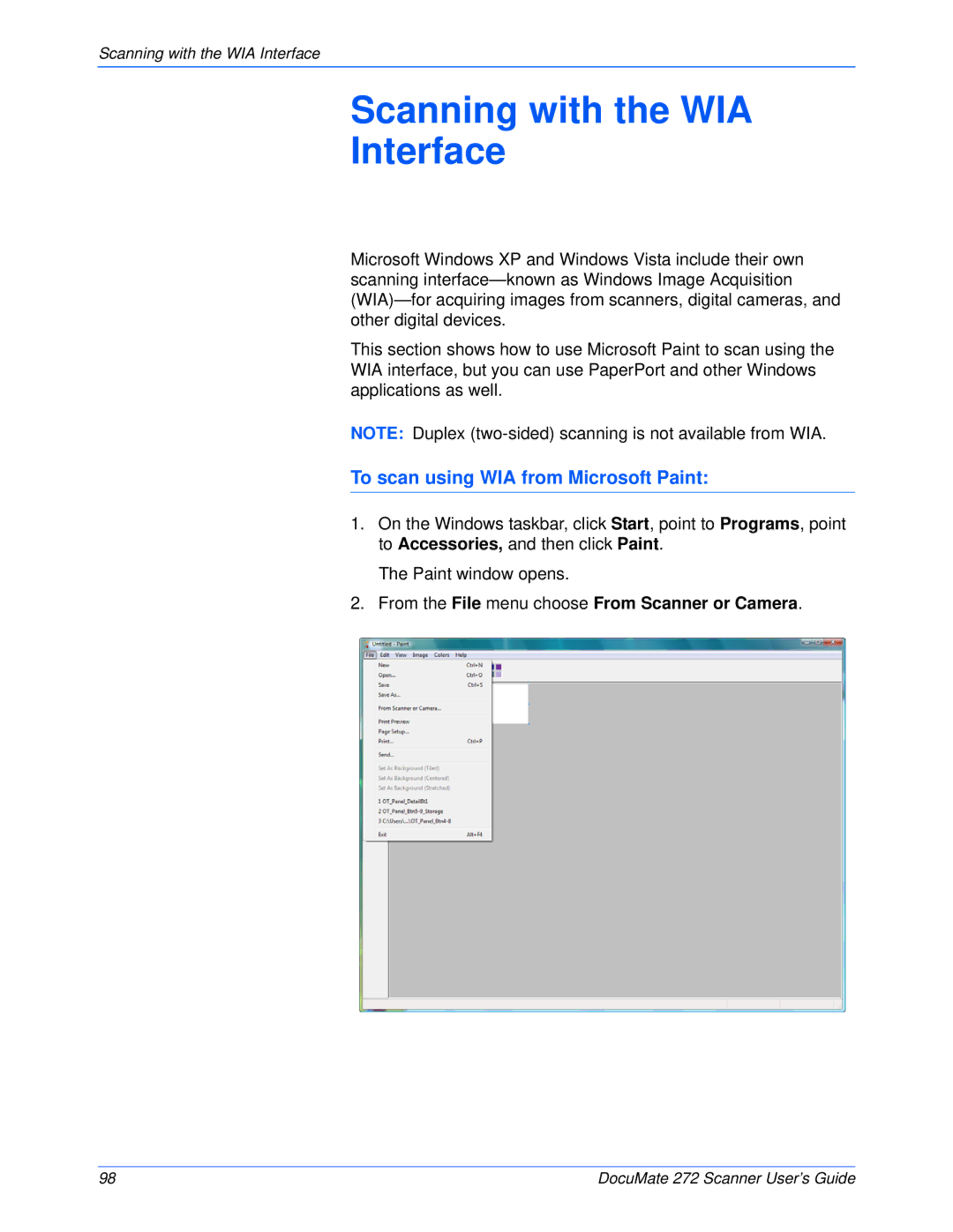 Xerox 272 manual To scan using WIA from Microsoft Paint, From the File menu choose From Scanner or Camera 