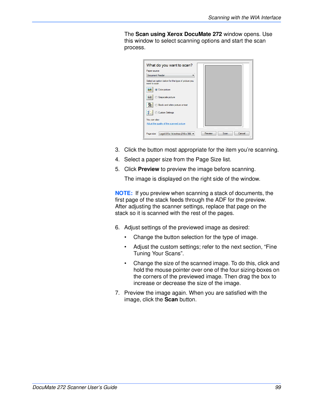 Xerox 272 manual Scanning with the WIA Interface 