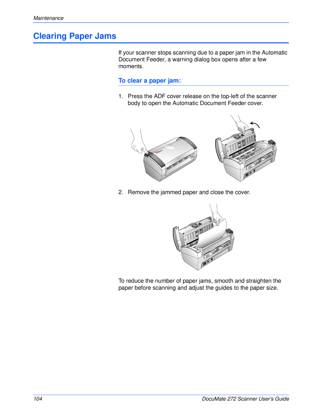 Xerox 272 manual Clearing Paper Jams, To clear a paper jam 