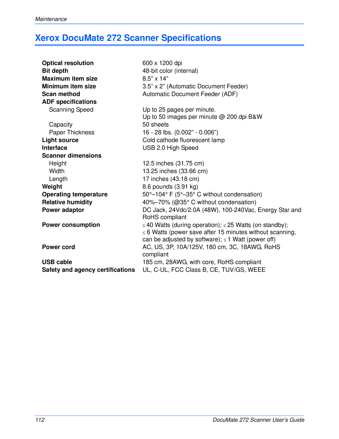 Xerox manual Xerox DocuMate 272 Scanner Specifications 