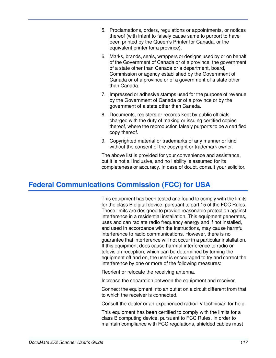 Xerox 272 manual Federal Communications Commission FCC for USA 