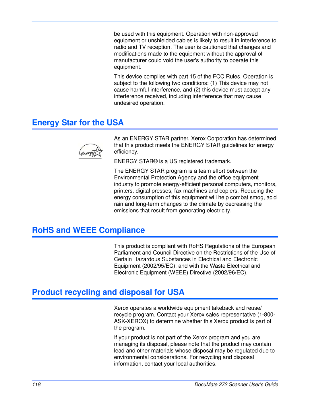 Xerox 272 manual Energy Star for the USA, RoHS and Weee Compliance, Product recycling and disposal for USA 