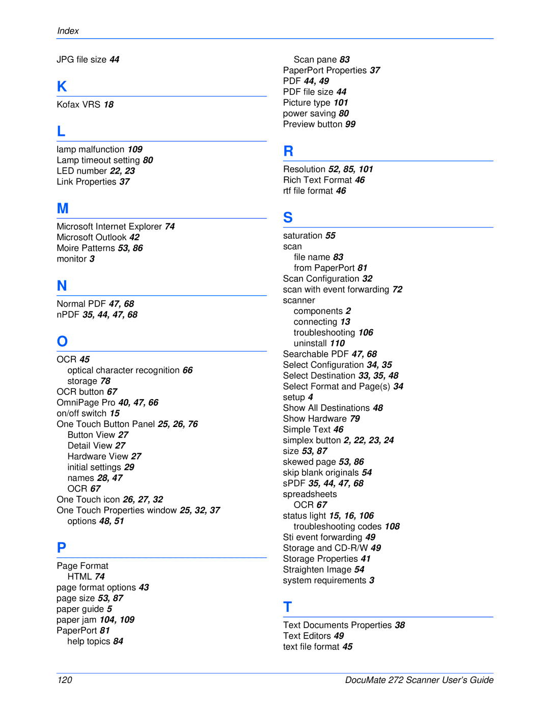 Xerox 272 manual Resolution 52, 85, 101 Rich Text Format 46 rtf file format 