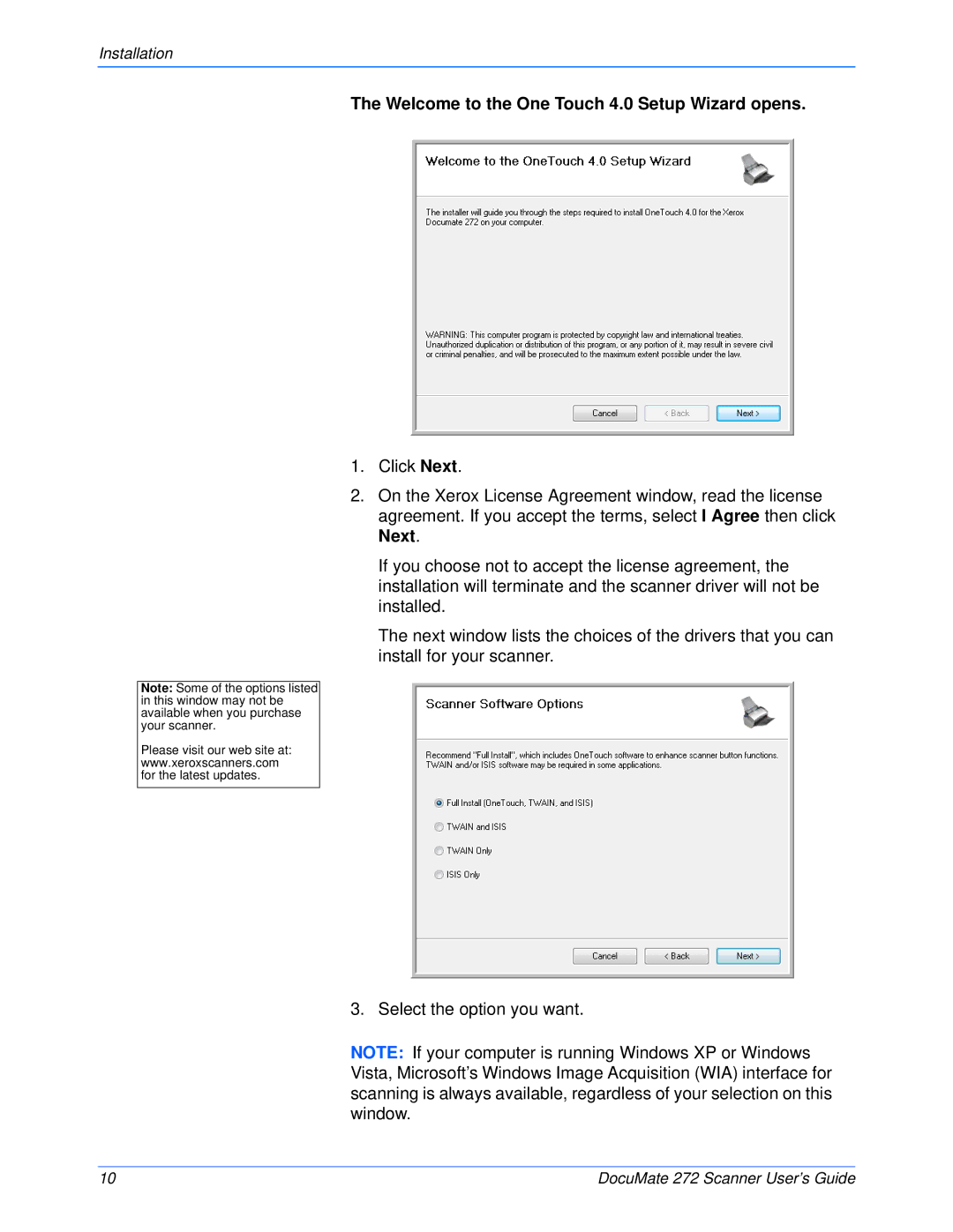 Xerox 272 manual Welcome to the One Touch 4.0 Setup Wizard opens 