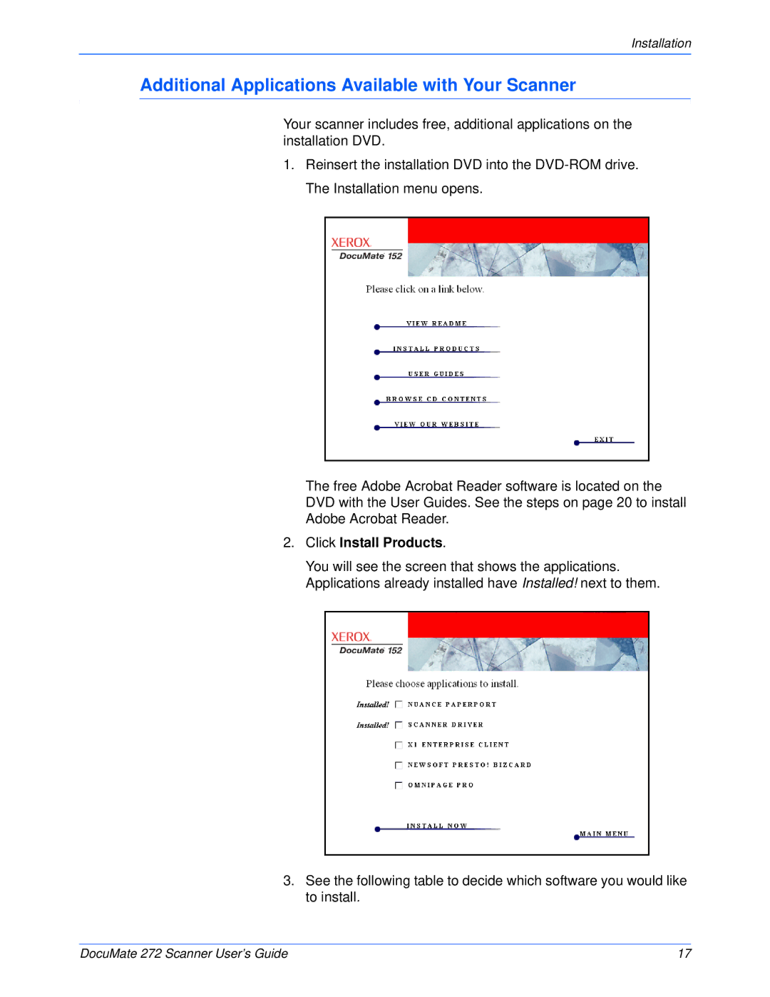 Xerox 272 manual Additional Applications Available with Your Scanner, Click Install Products 