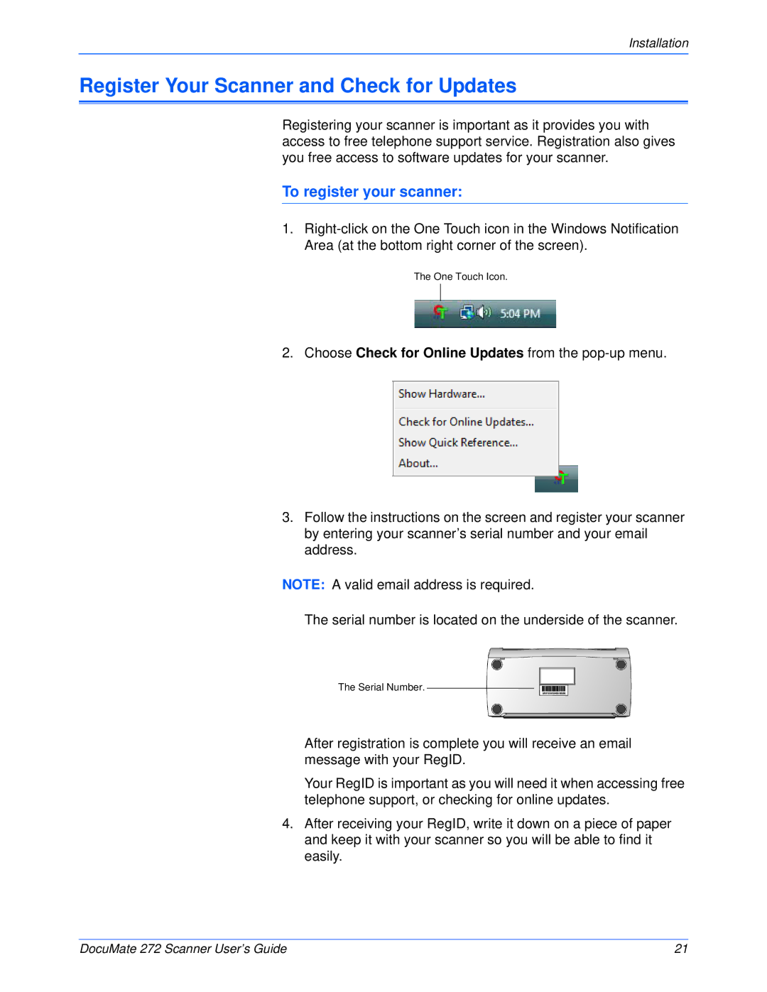 Xerox 272 manual Register Your Scanner and Check for Updates, To register your scanner 