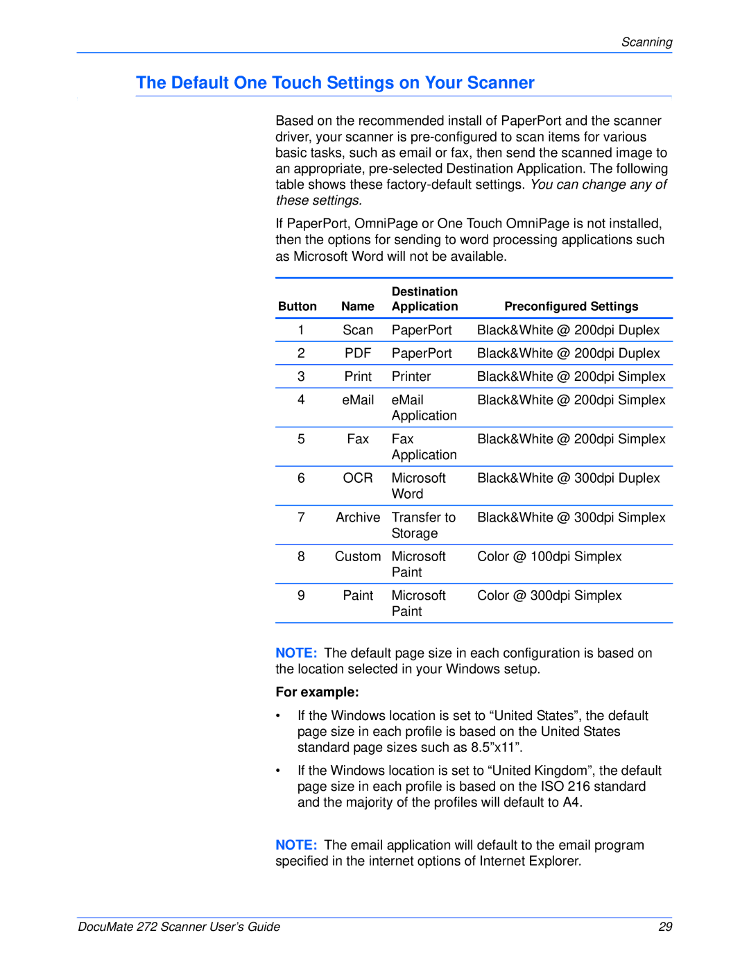 Xerox 272 manual Default One Touch Settings on Your Scanner, For example 