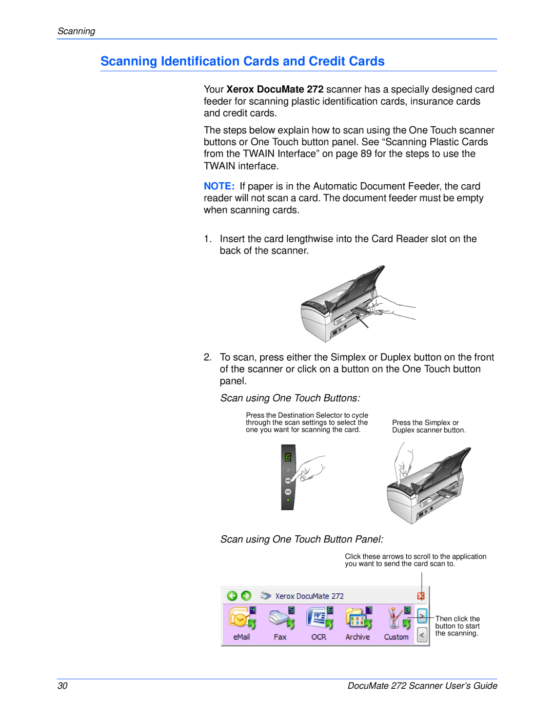 Xerox 272 manual Scanning Identification Cards and Credit Cards, Scan using One Touch Buttons 