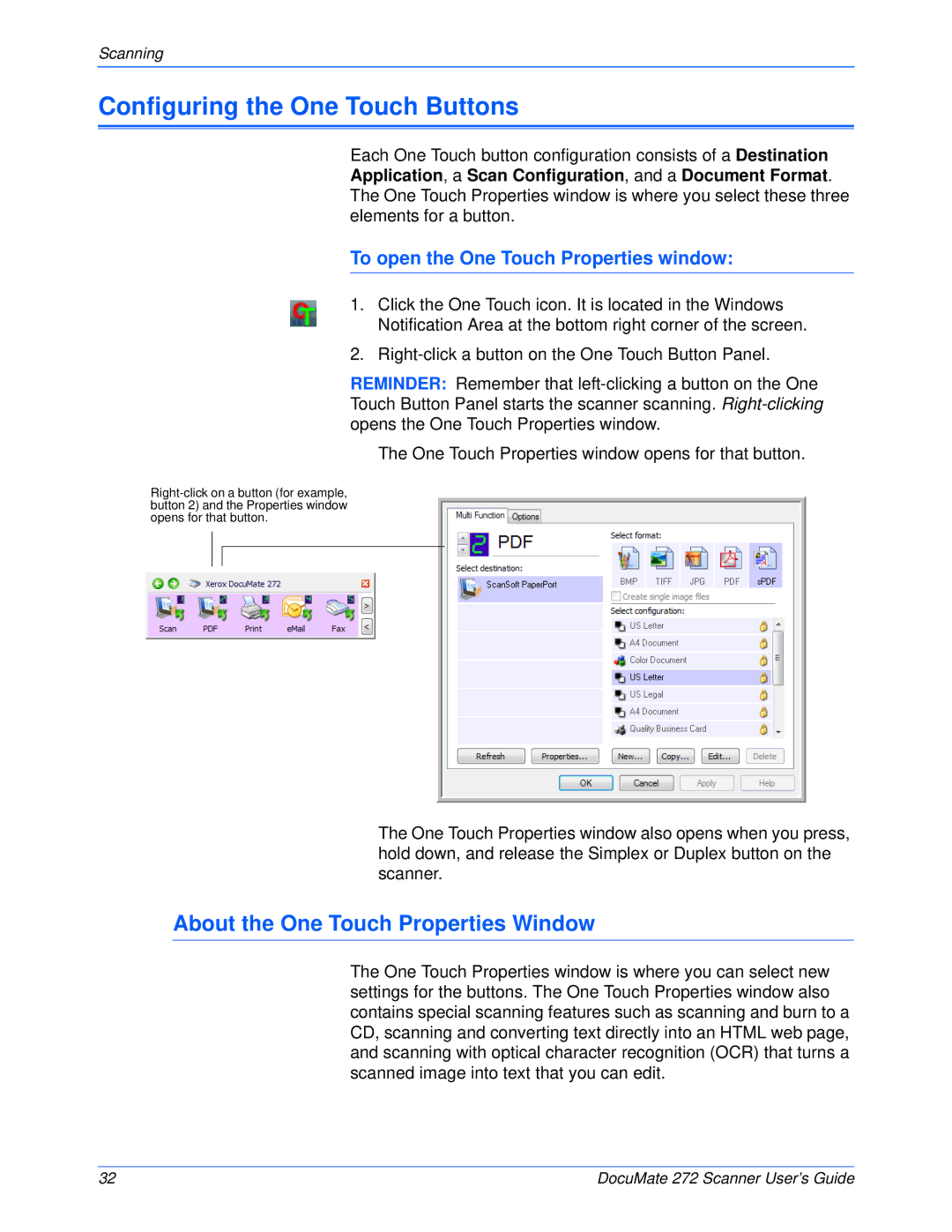 Xerox 272 manual Configuring the One Touch Buttons, About the One Touch Properties Window 