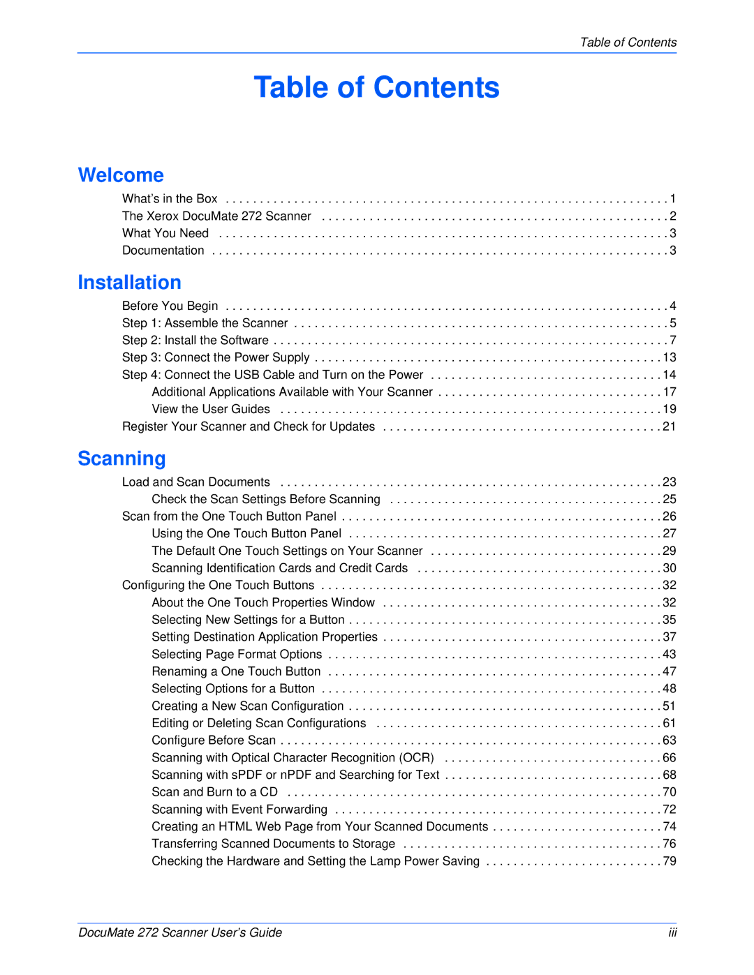 Xerox 272 manual Table of Contents 