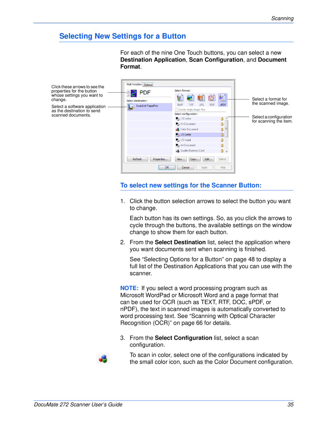 Xerox 272 manual Selecting New Settings for a Button, To select new settings for the Scanner Button 