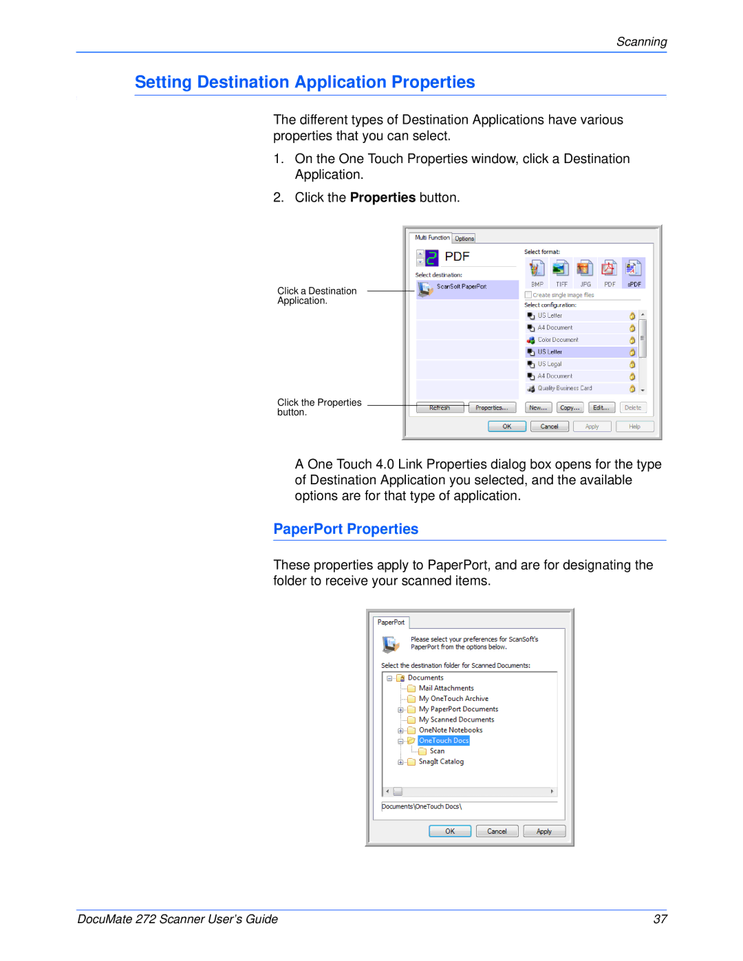 Xerox 272 manual Setting Destination Application Properties, PaperPort Properties 