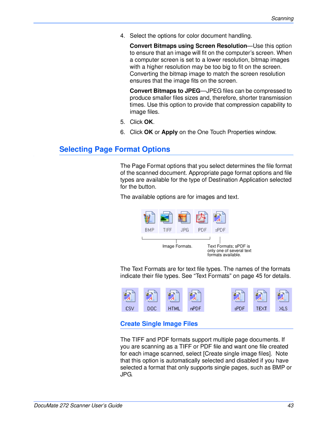 Xerox 272 manual Selecting Page Format Options, Create Single Image Files 