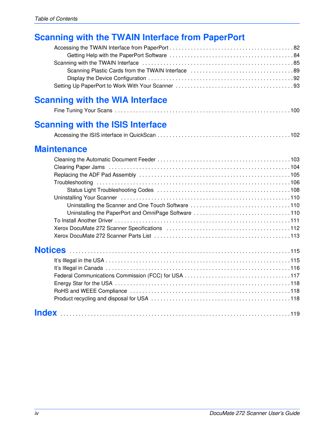 Xerox 272 manual Scanning with the Twain Interface from PaperPort, Scanning with the WIA Interface, Maintenance 