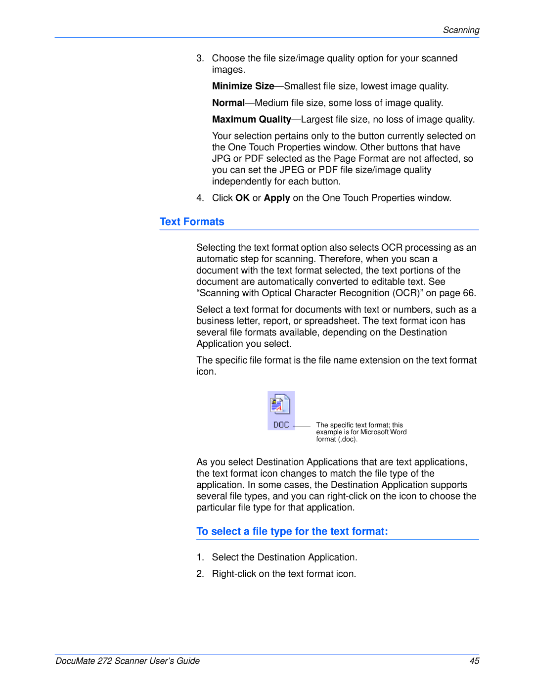 Xerox 272 manual Text Formats, To select a file type for the text format 