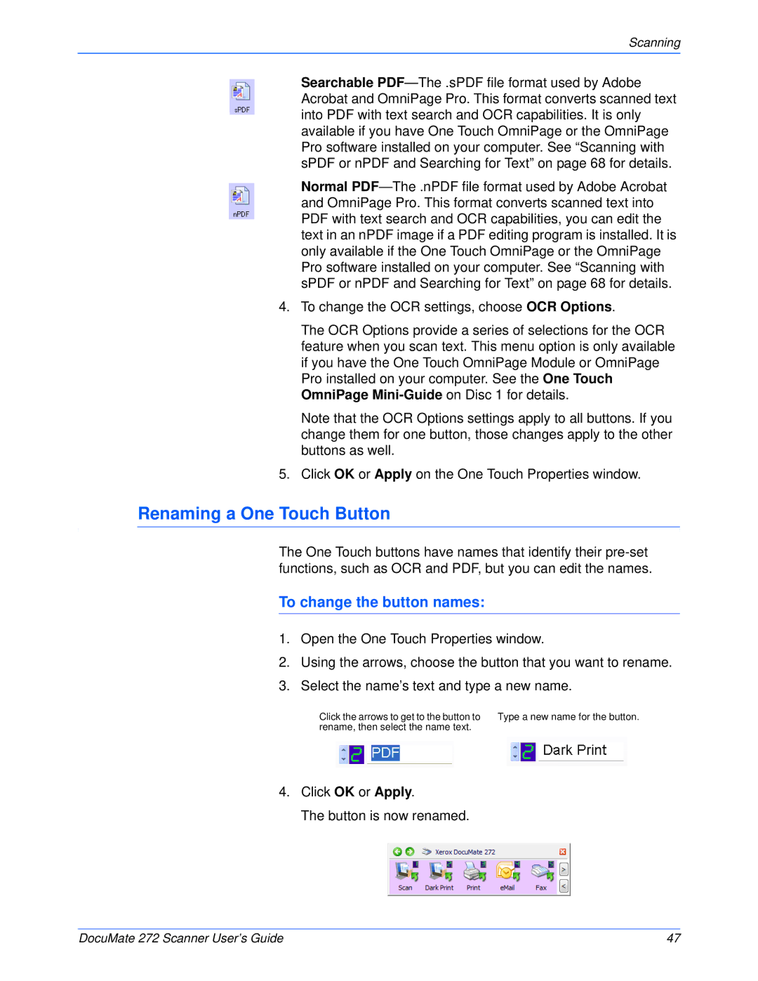 Xerox 272 manual Renaming a One Touch Button, To change the button names 