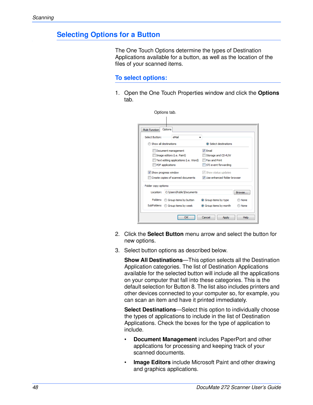 Xerox 272 manual Selecting Options for a Button, To select options 