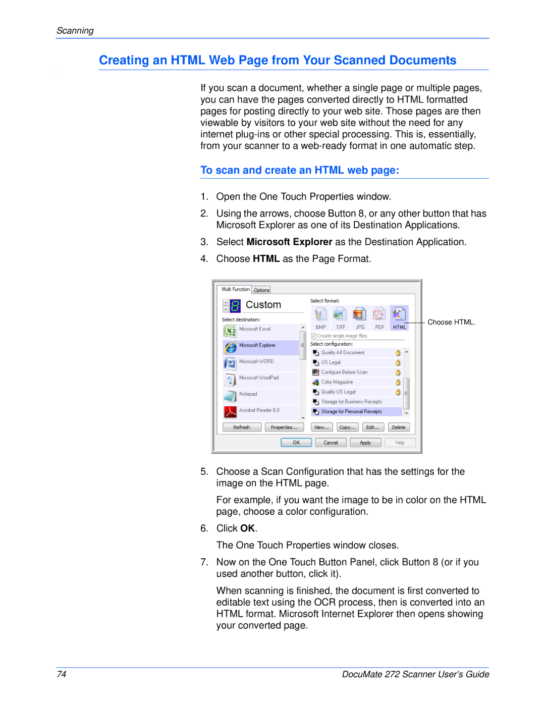 Xerox 272 manual Creating an Html Web Page from Your Scanned Documents, To scan and create an Html web 