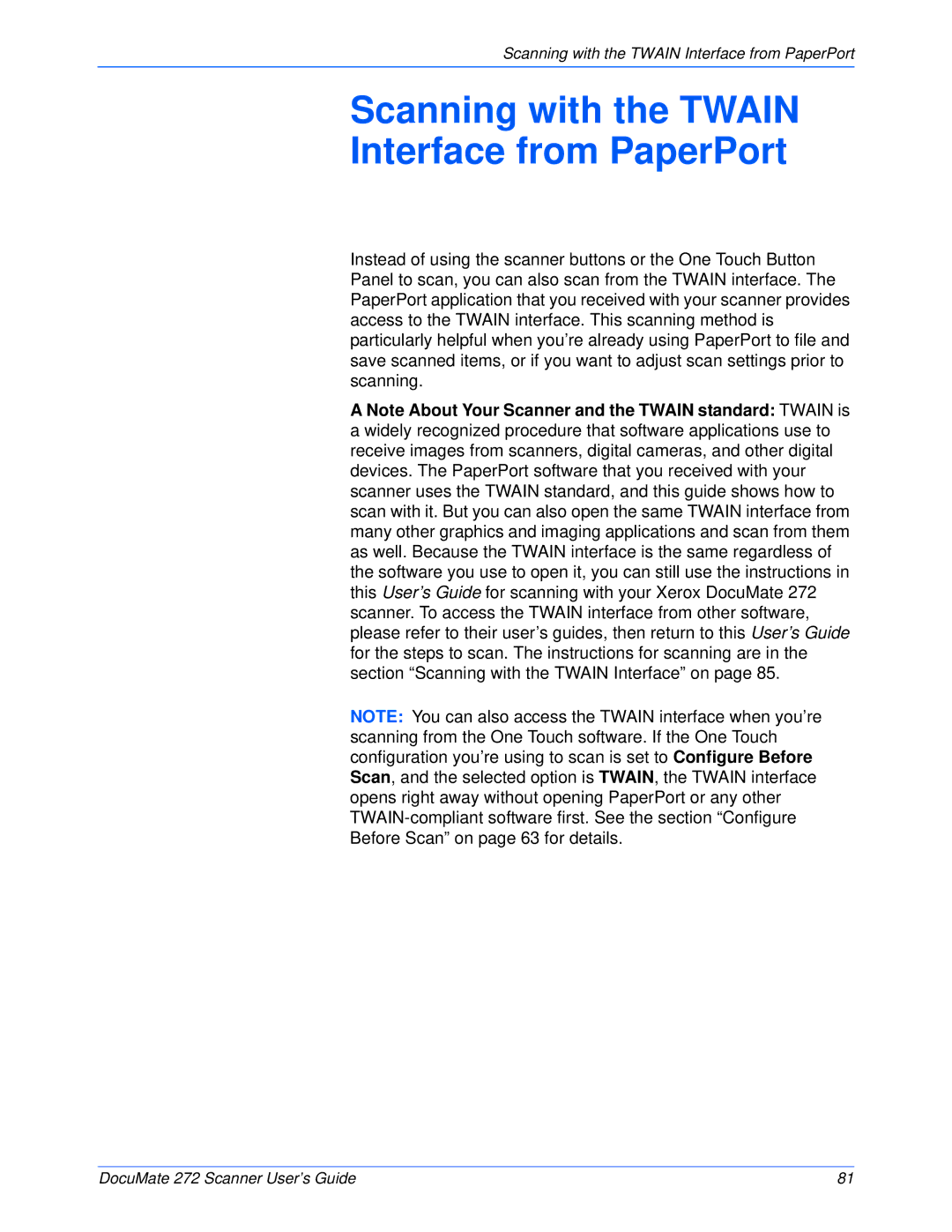 Xerox 272 manual Scanning with the Twain Interface from PaperPort 