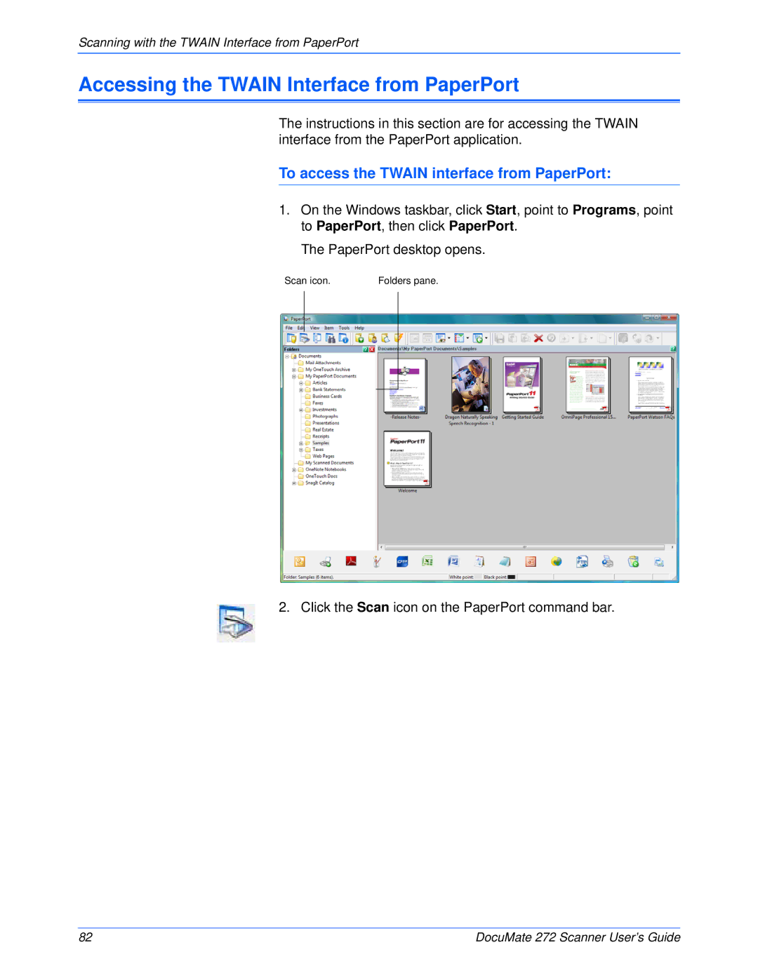 Xerox 272 manual Accessing the Twain Interface from PaperPort, To access the Twain interface from PaperPort 