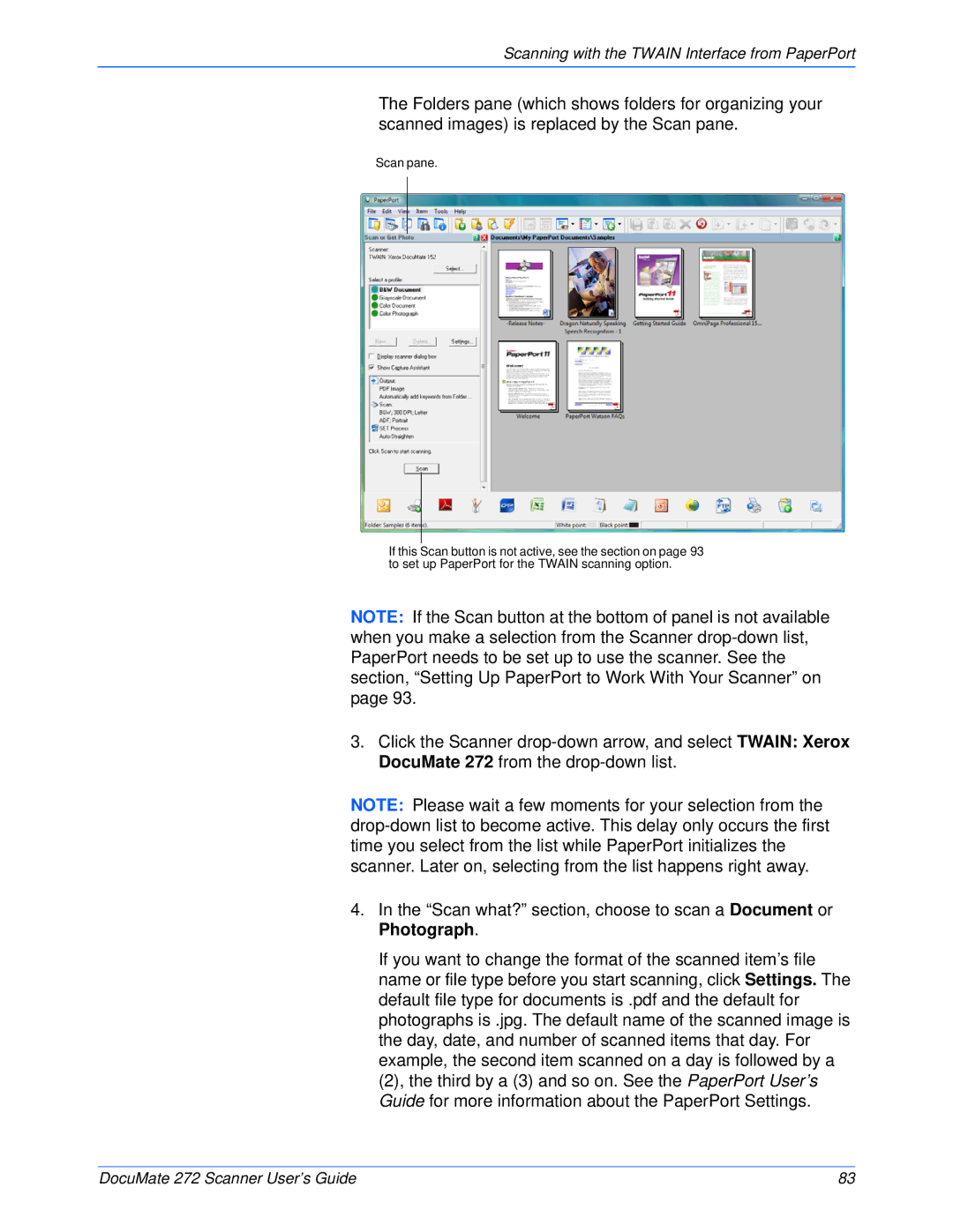 Xerox 272 manual Scanning with the Twain Interface from PaperPort 