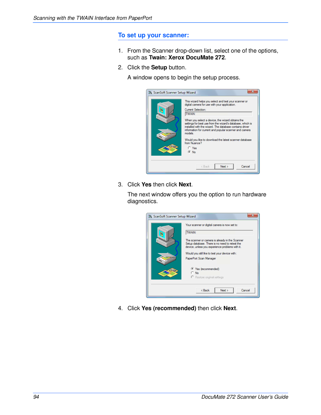 Xerox 272 manual To set up your scanner, Click Yes recommended then click Next 