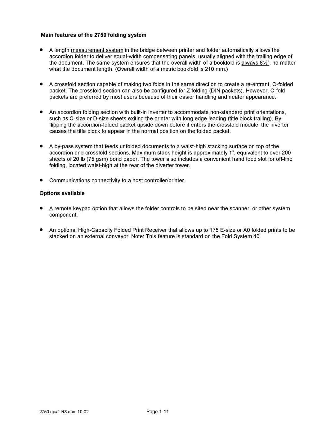 Xerox manual Main features of the 2750 folding system, Options available 