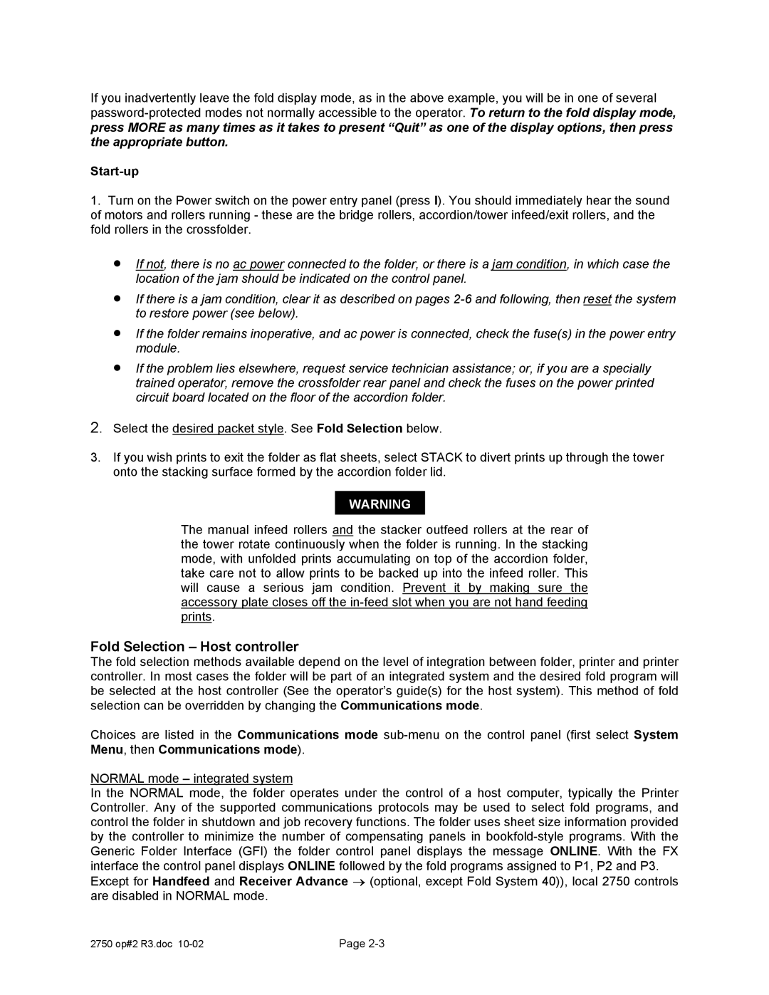 Xerox 2750 manual Fold Selection Host controller, Start-up 