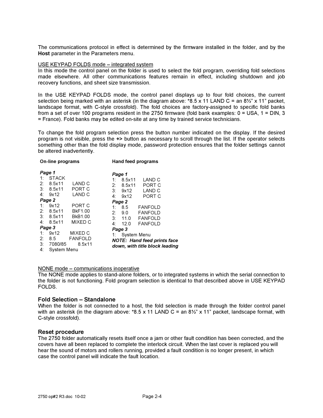 Xerox 2750 manual Fold Selection Standalone, Reset procedure, On-line programs, Hand feed programs 