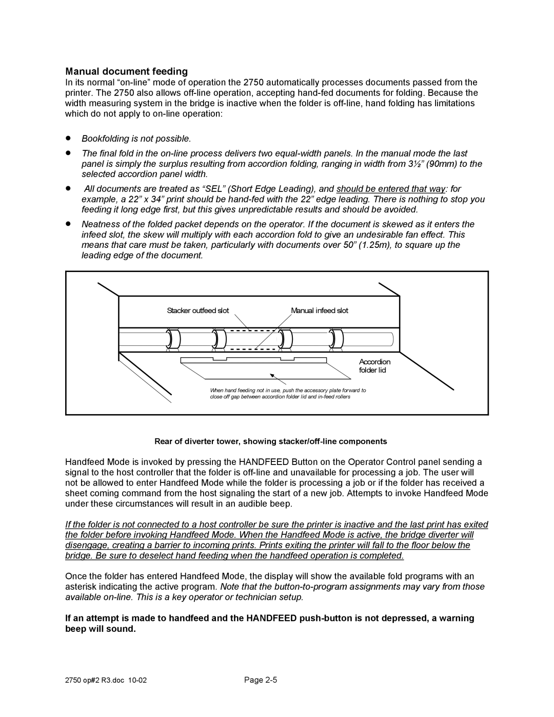 Xerox 2750 manual Manual document feeding, Rear of diverter tower, showing stacker/off-line components 