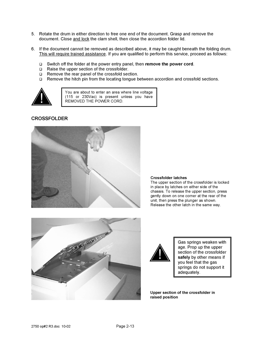 Xerox 2750 manual Crossfolder latches, Upper section of the crossfolder in raised position 