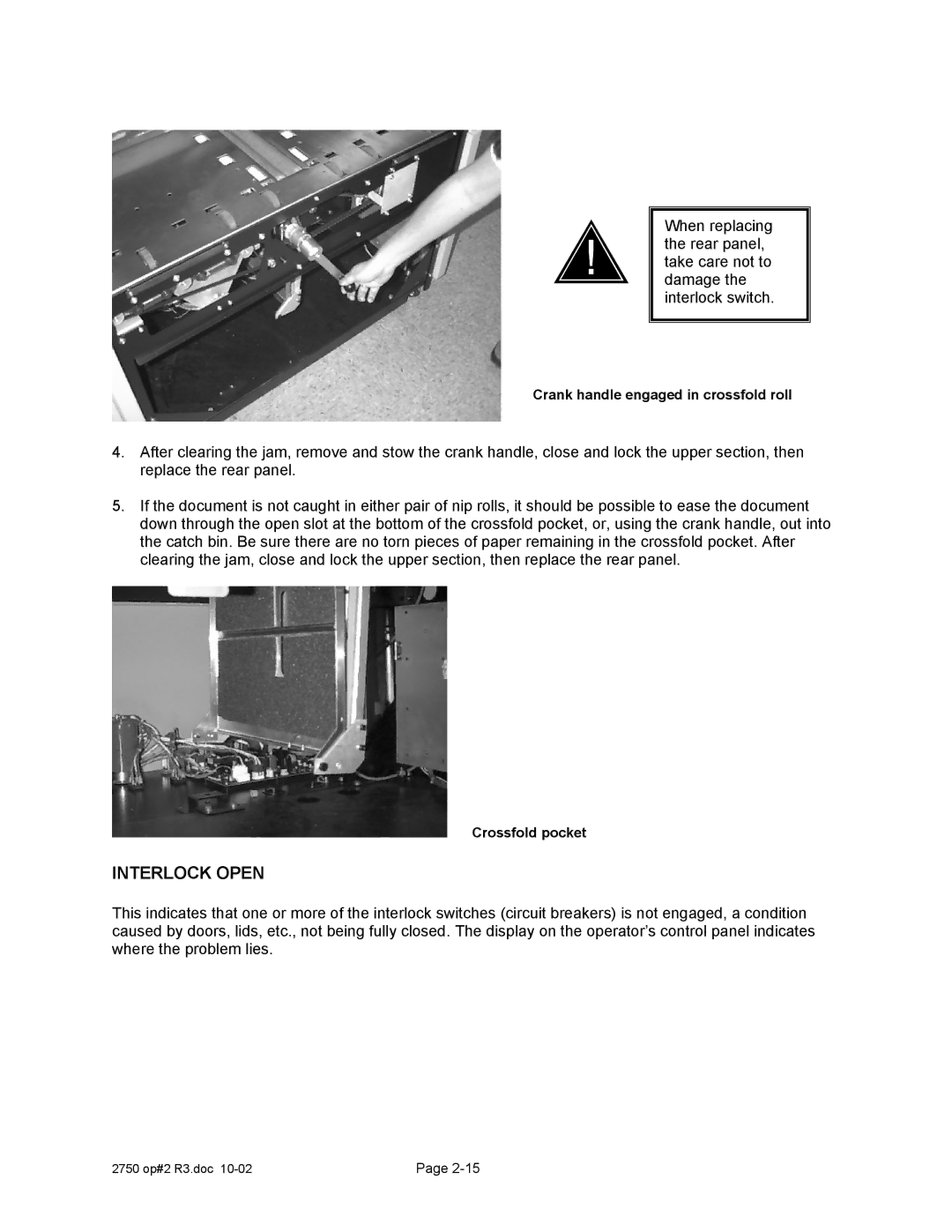 Xerox 2750 manual Interlock Open, Crank handle engaged in crossfold roll, Crossfold pocket 