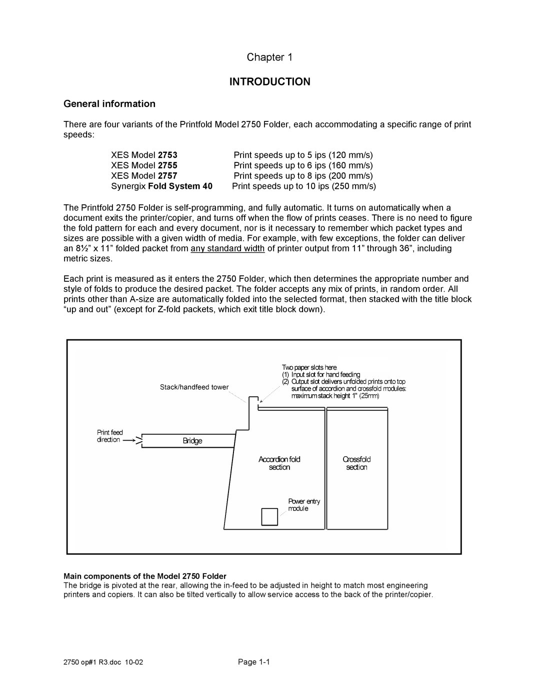 Xerox manual General information, Synergix Fold System, Main components of the Model 2750 Folder 