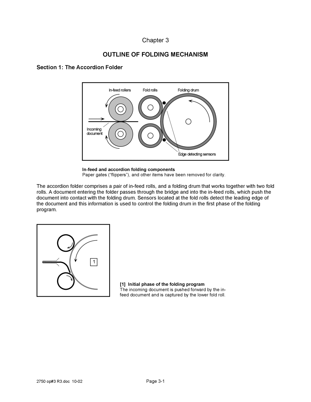 Xerox 2750 manual Accordion Folder, In-feed and accordion folding components, Initial phase of the folding program 