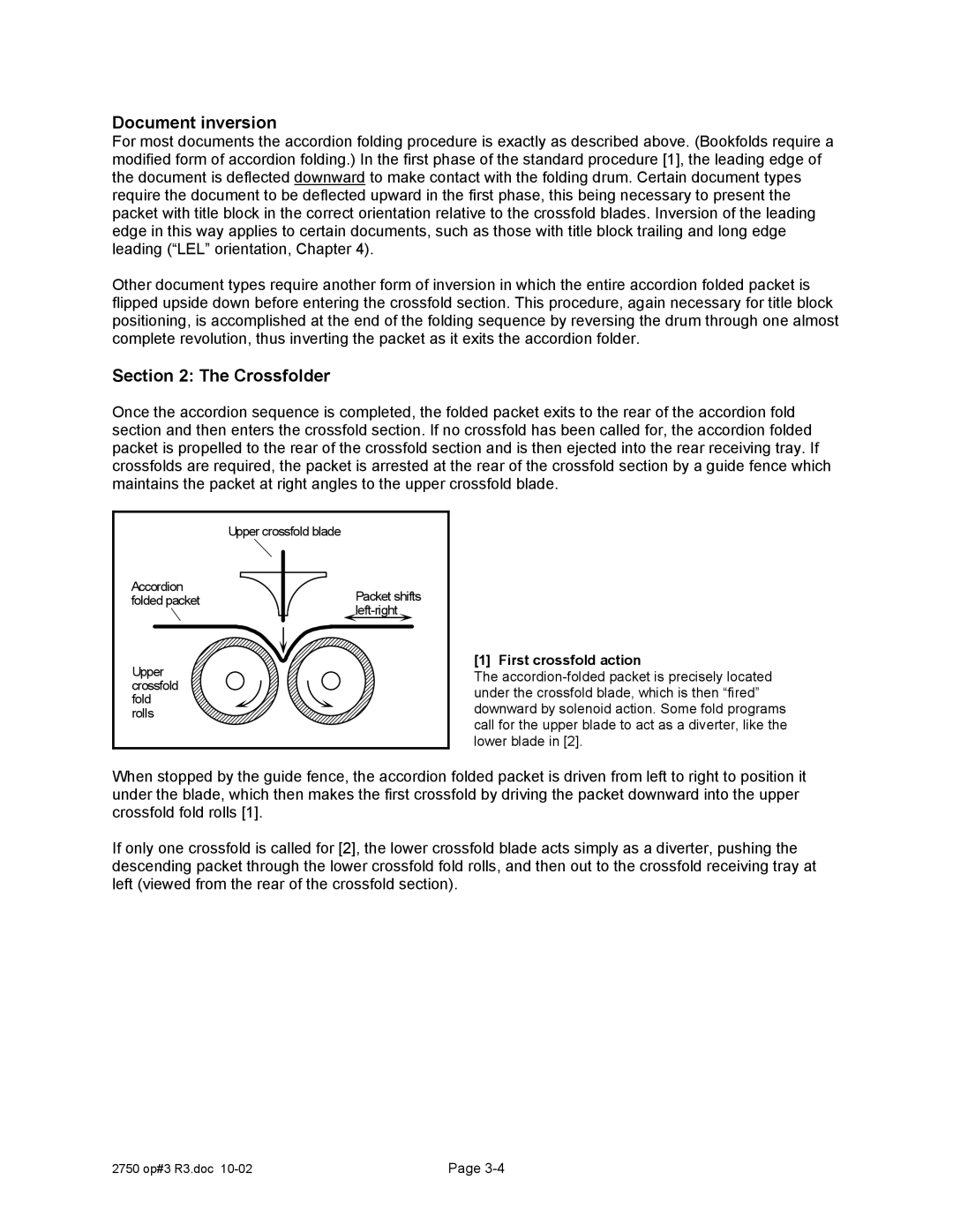 Xerox 2750 manual Document inversion, Crossfolder, First crossfold action 