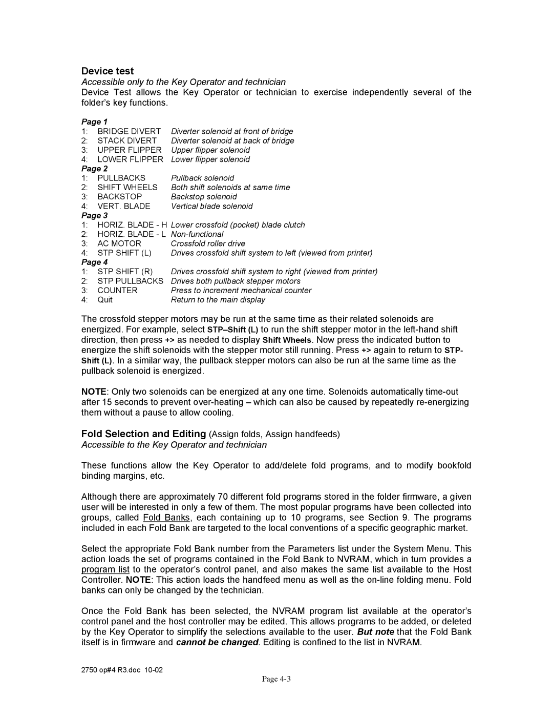 Xerox 2750 manual Device test, Accessible only to the Key Operator and technician 