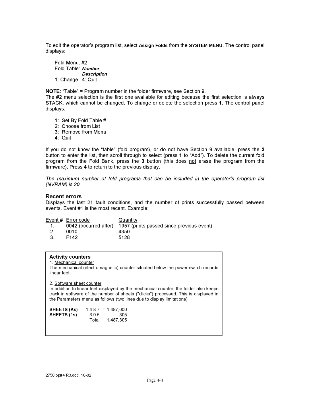 Xerox 2750 manual Recent errors, Activity counters, Sheets 1s 3 0 5 