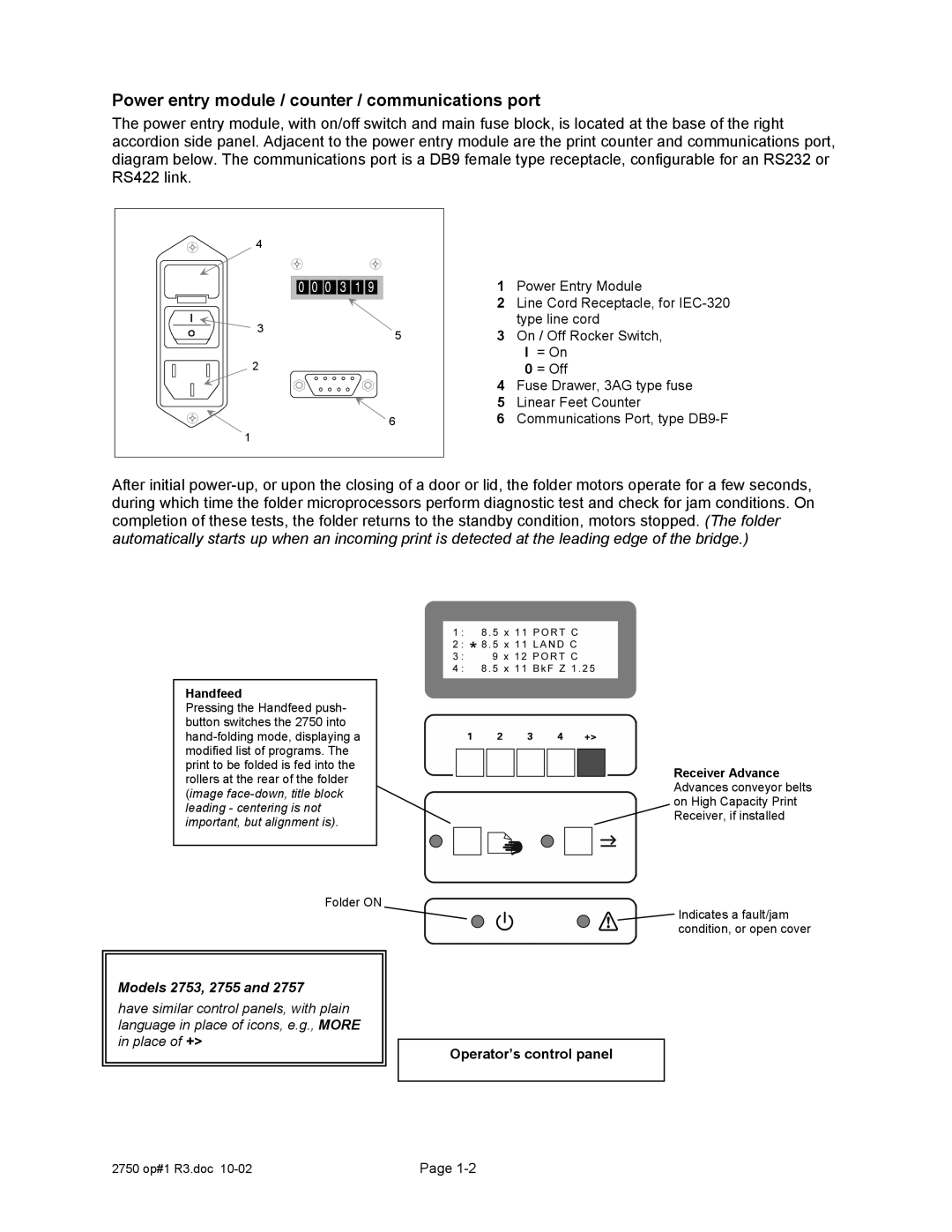 Xerox 2750 manual Power entry module / counter / communications port, Operator’s control panel 