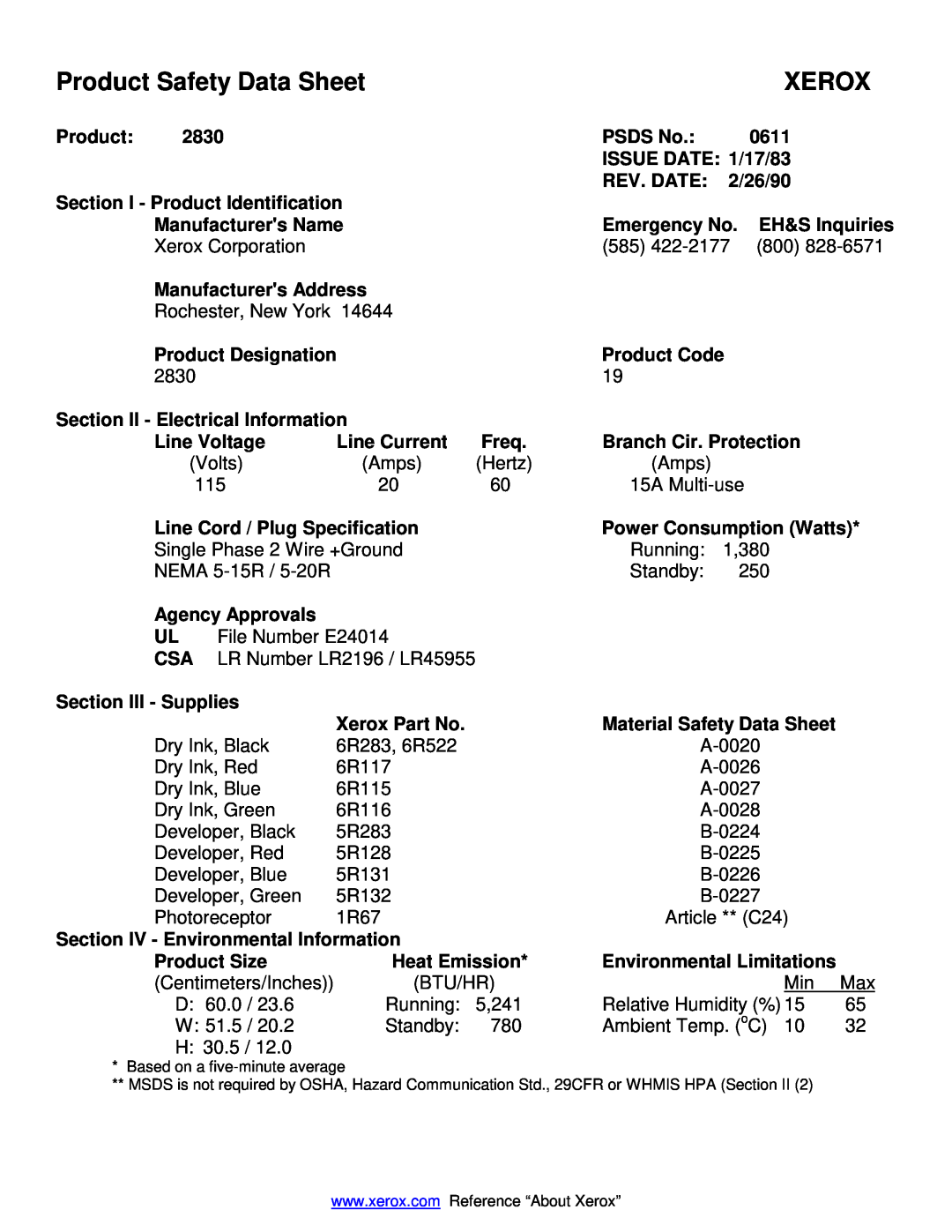 Xerox 2830 manual Product Safety Data Sheet, Xerox 